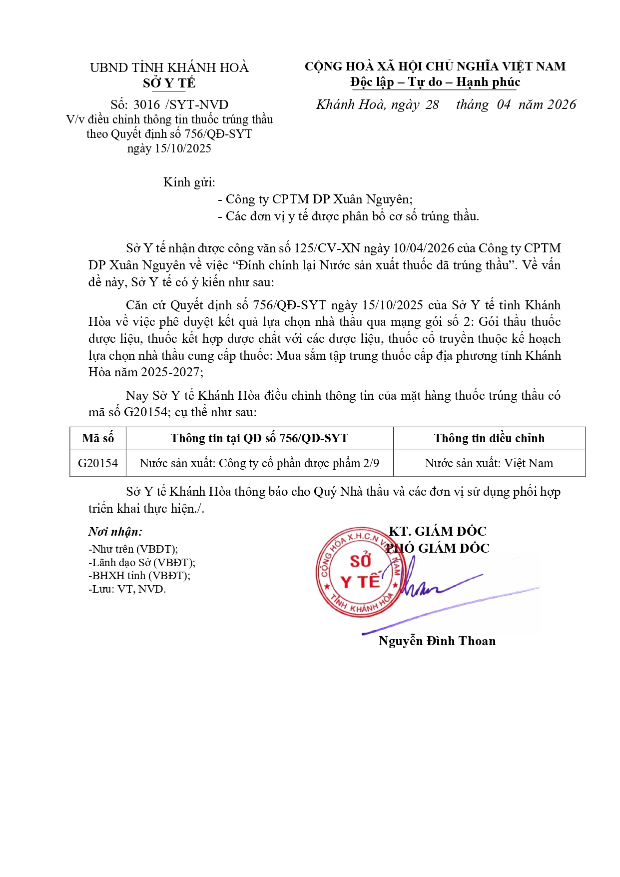 V/v điều chỉnh thông tin thuốc trúng thầu theo Quyết định số 756/QĐ-SYT ngày 15/10/2025